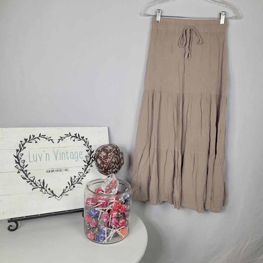 Passport Women Taupe Tan Tiered Maxi Skirt Small Elastic Drawstring Rayon Cotton
